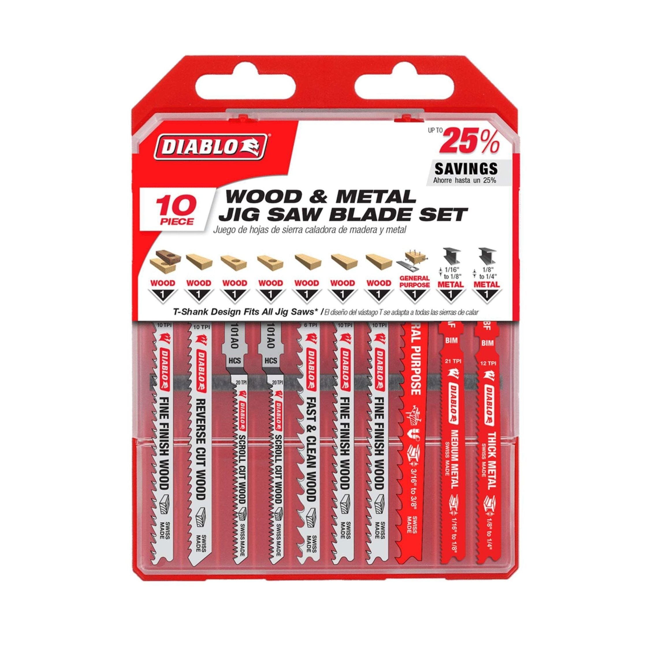 The DIABLO DJT10S Jig Saw Blade 10-Piece Set for Wood and Metal by Diablo offers superior performance with longer cutting life, clear material labels, a 25% savings, and is compatible with T-shank design jigsaws.
